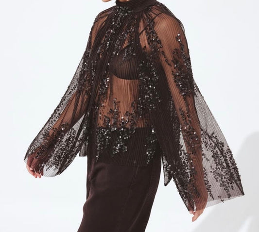 Top in Mesh con Paillettes Marrone - Blusa con Maniche Plissettate