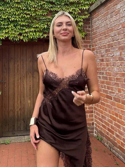 Kanten damesjurken Satijn asymmetrische zomerfeestjurken Korte jurken Vrouwelijke elegante nieuwe pyjama's Mouwloos sexy bruin zwart dames jurken zonder rug