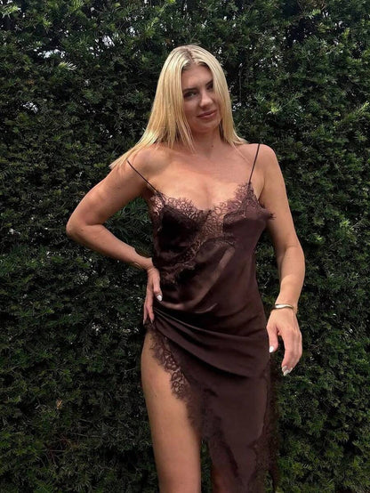 Kanten damesjurken Satijn asymmetrische zomerfeestjurken Korte jurken Vrouwelijke elegante nieuwe pyjama's Mouwloos sexy bruin zwart dames jurken zonder rug