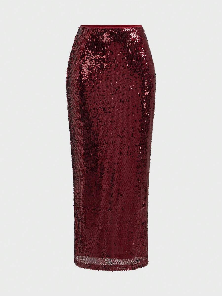 Gonna Elegante con Paillettes Bordeaux - Bodycon con Spacco Laterale
