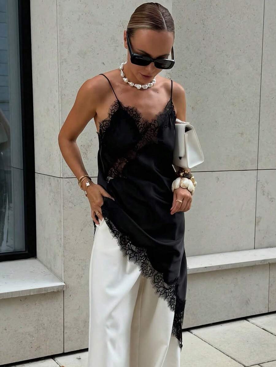 Kanten damesjurken Satijn asymmetrische zomerfeestjurken Korte jurken Vrouwelijke elegante nieuwe pyjama's Mouwloos sexy bruin zwart dames jurken zonder rug