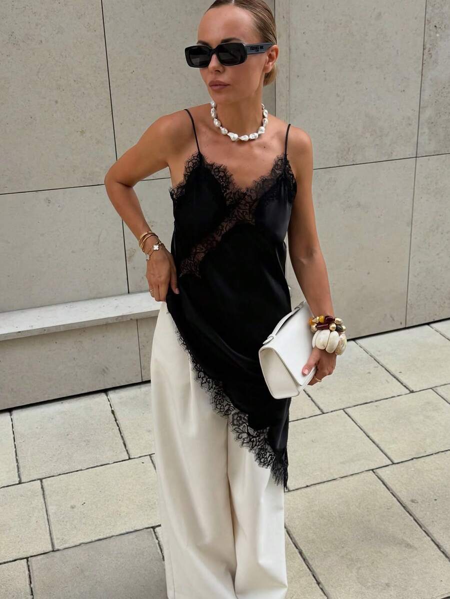 Kanten damesjurken Satijn asymmetrische zomerfeestjurken Korte jurken Vrouwelijke elegante nieuwe pyjama's Mouwloos sexy bruin zwart dames jurken zonder rug