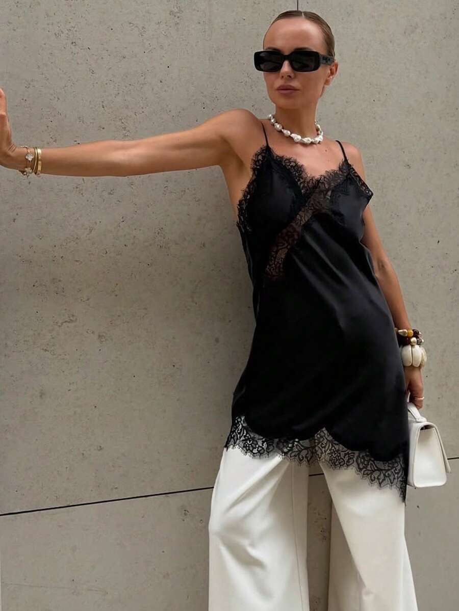 Kanten damesjurken Satijn asymmetrische zomerfeestjurken Korte jurken Vrouwelijke elegante nieuwe pyjama's Mouwloos sexy bruin zwart dames jurken zonder rug