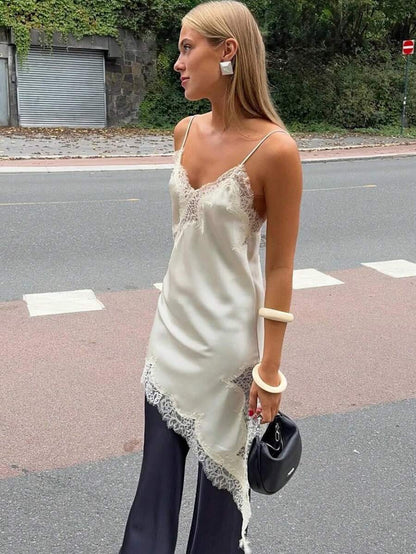 Kanten damesjurken Satijn asymmetrische zomerfeestjurken Korte jurken Vrouwelijke elegante nieuwe pyjama's Mouwloos sexy bruin zwart dames jurken zonder rug