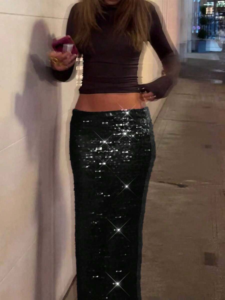 Gonna Elegante con Paillettes Bordeaux - Bodycon con Spacco Laterale