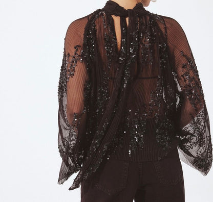 Top in Mesh con Paillettes Marrone - Blusa con Maniche Plissettate