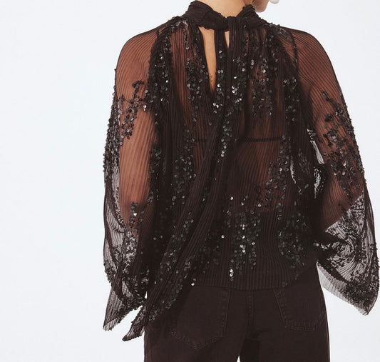Top in Mesh con Paillettes Marrone - Blusa con Maniche Plissettate