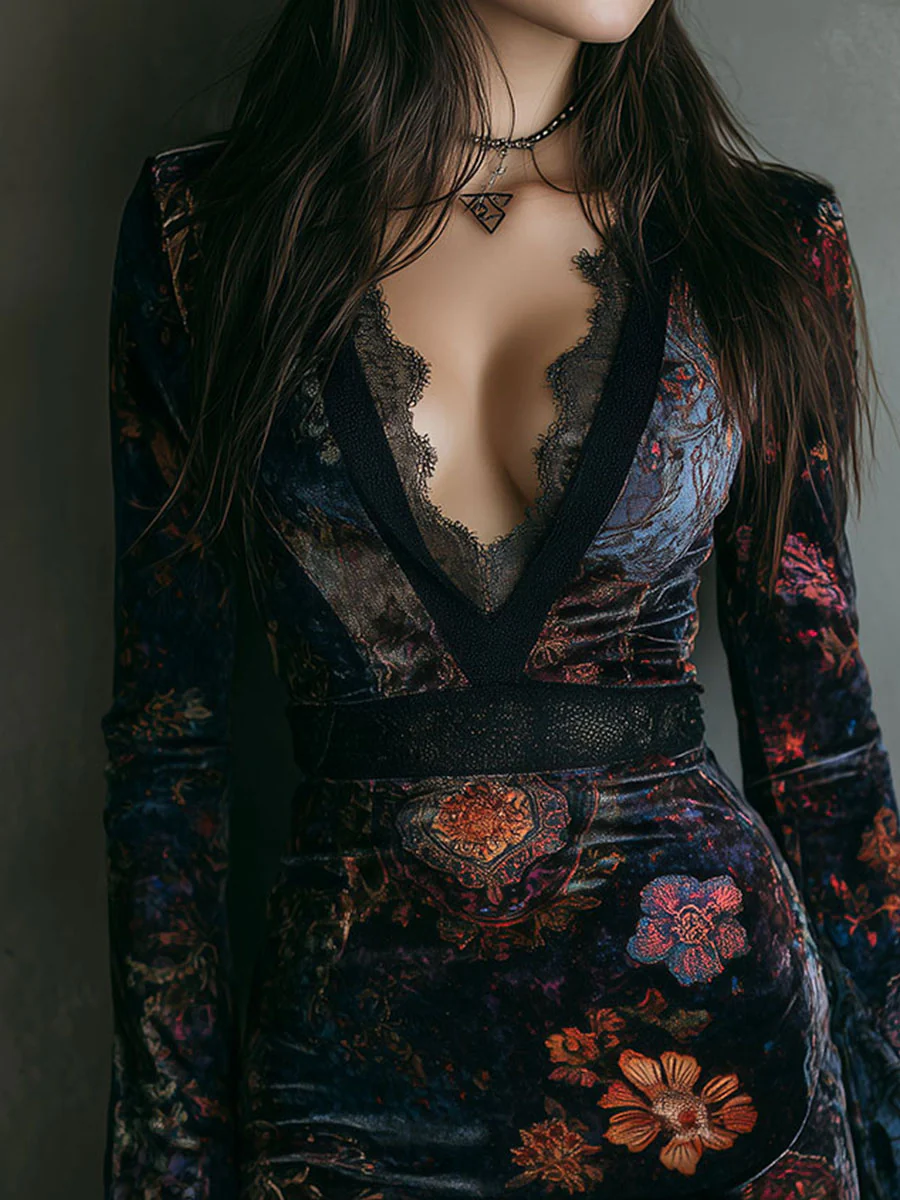 Liora ❘ Mini Abito in Velluto con Stampa Floreale e Pizzo